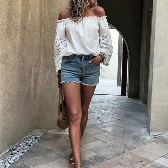 Boho Off Shoulder Eyelet Embroidery Frill Top Blouse White - Picture 7 of 15